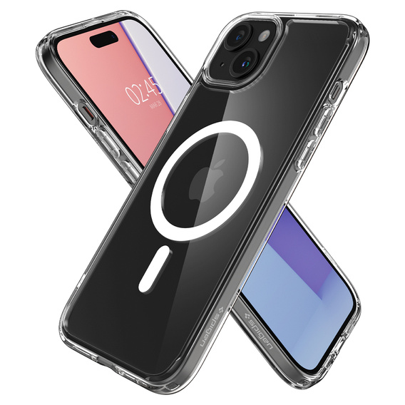 Etui z MagSafe Spigen do iPhone 15, Ultra Hybrid, przezroczyste / białe + Szkło Hartowane 9H