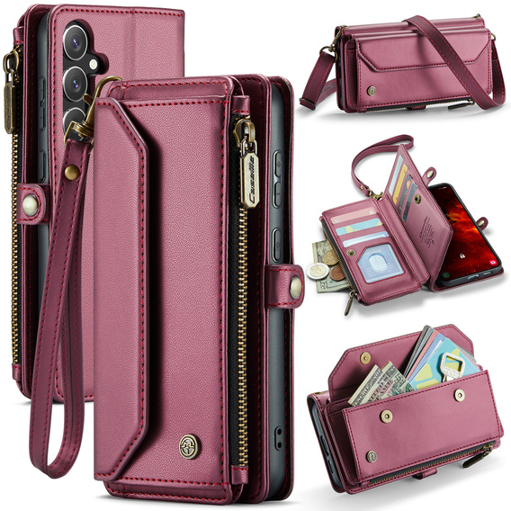 Etui CASEME do Samsung Galaxy S25 FE, RFID Leather Wallet, z paskiem na ramię, czerwone