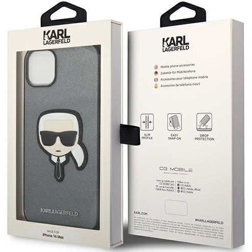 Etui Karl Lagerfeld do iPhone 14, Saffiano Karl's Head Patch, srebrne