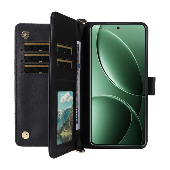Etui z klapką do Xiaomi Poco F7 Ultra, Crossbody Leather Wallet, czarne