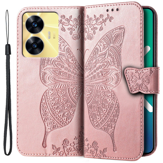 Etui z klapką do Realme C55, Butterfly, różowe rose gold
