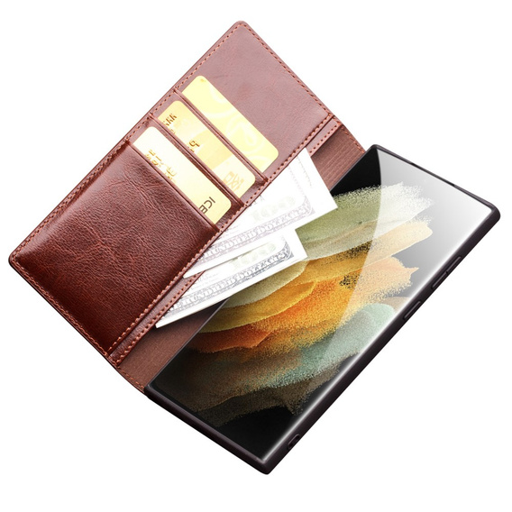 Etui z klapką do Samsung Galaxy S22 Ultra 5G, QIALINO Leather Wallet, brązowe