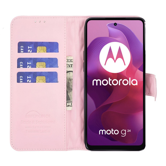 Etui z klapką do Motorola Moto G24 / G24 Power / G04, Rhombus Crossbody Leather, różowe rose gold