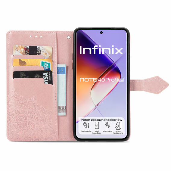 Etui z klapką do Infinix Note 40 Pro Plus, Mandala, różowe rose gold