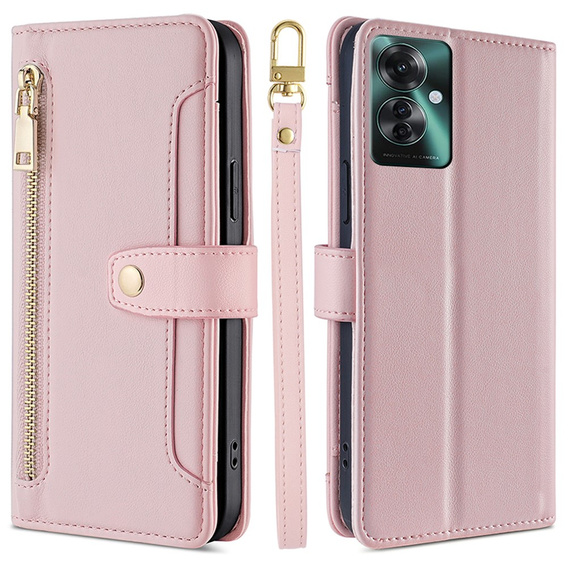 Etui z klapką do Oppo Reno 11F 5G, Wallet Zipper Pocket, różowe