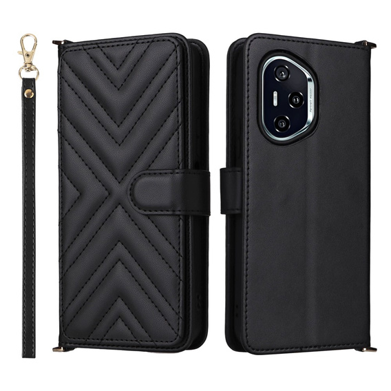 Etui z klapką do Honor 400 5G, Crossbody Leather Wallet, czarne