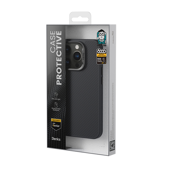 Etui BENKS Kevlar Armor PRO do iPhone 16 Pro, Carbon Fiber 600D D065, do MagSafe, aktywny przycisk – czarne