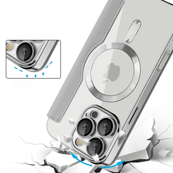 Etui z klapką do iPhone 16 Pro Max, RFID Wallet MagSafe z ochroną aparatu, srebrne