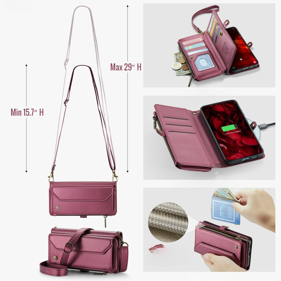 Etui CASEME do Samsung Galaxy S24 FE, RFID Leather Wallet, z paskiem na ramię, czerwone