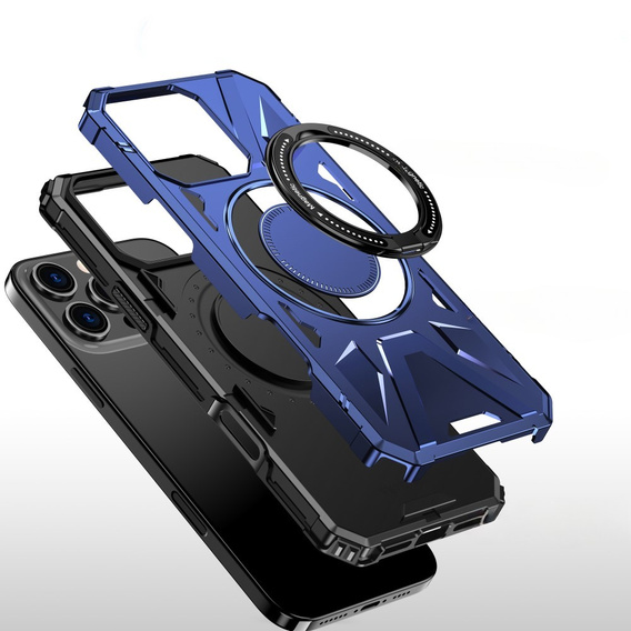 Etui do iPhone 16 Pro, pancerne z podstawką i blaszką do uchwytu, niebieskie