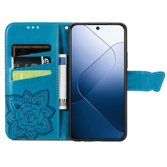 Etui z klapką do Xiaomi Redmi 15 5G / 4G, z wytłoczonym wzorem motyla, niebieskie