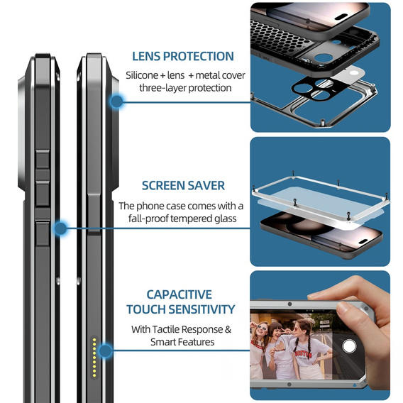 Etui do iPhone 17 Pro Max, pancerne, z wbudowanym szkłem, srebrne