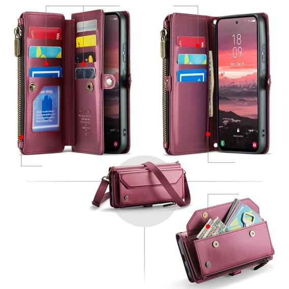 Etui portfelowe z zamkiem i paskami do Samsung Galaxy S25 Edge – praktyczność i styl w jednym - bordowe
