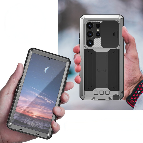Etui pancerne do Samsung Galaxy S25 Ultra, R-JUST, z przesłoną aparatu i podstawką, srebrne
