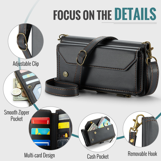 Etui CASEME do Samsung Galaxy S25 FE, RFID Leather Wallet, z paskiem na ramię, czarne