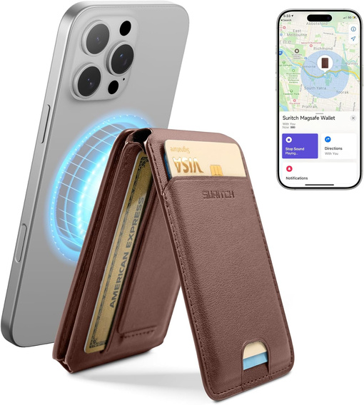 Magnetyczny portfel SURITCH z lokalizatorem Find My, NFC i podstawką – brązowy