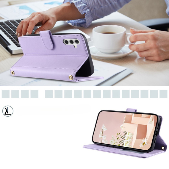 Etui z klapką do Samsung Galaxy S24 FE, Rhombus Crossbody Leather, fioletowe
