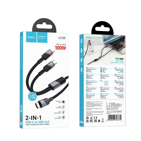 Kabel 2w1 USB-C do USB-C + Lightning Hoco U139 5A 100W 1,2 m – Czarny