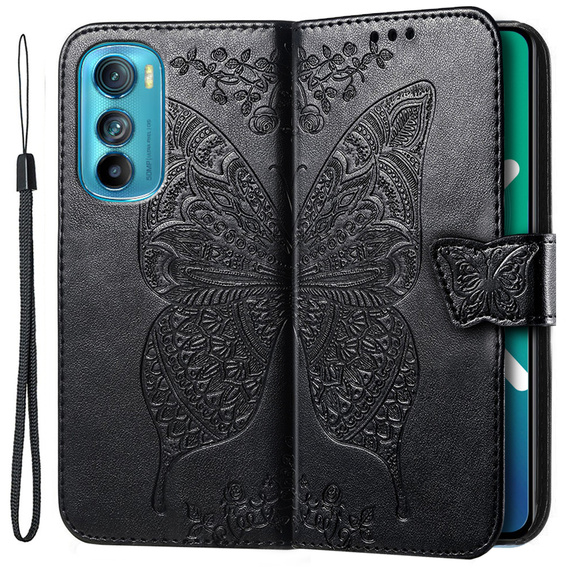 Etui z klapką do Motorola Edge 30, Butterfly, czarne