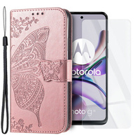 Zestaw Etui do Motorola Moto G73 5G, z klapką portfel, Motyl, Różowe rose gold + szkło