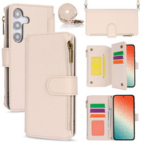 Etui z klapką do Samsung Galaxy S24, Wallet Zipper Pocket RFID, z paskiem na ramię, białe