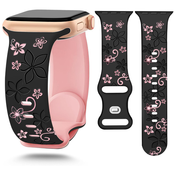 3x Pasek Silikonowy do Apple Watch 1/2/3/4/5/6/7/8/9/10/11/SE 38/40/41/42mm, kwiatki beżowy/różowy/czarny