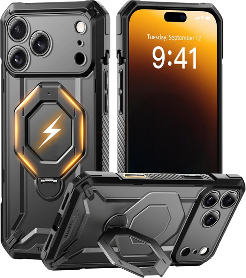 Etui do iPhone 17 Pro, Tongate MagSafe grey Ring Stand, black/transparent