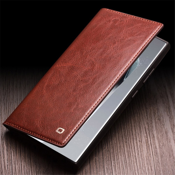 Etui z klapką do Samsung Galaxy S24 Ultra, QIALINO Leather Wallet, brązowe