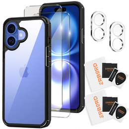Etui do iPhone 16, ERBORD Hybrid, przezroczyste / czarne + 2x Szkło na ekran + 2x Szkło na aparat