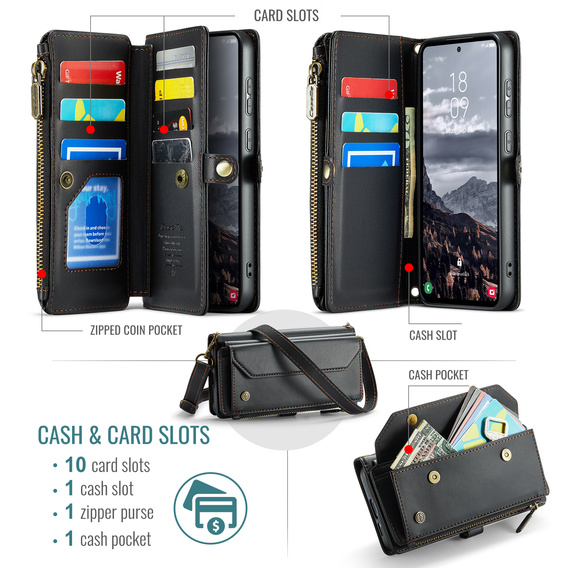 Etui CASEME do Samsung Galaxy S25 FE, RFID Leather Wallet, z paskiem na ramię, czarne