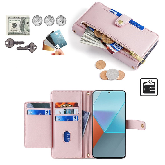 Etui z klapką do Xiaomi Redmi Note 13 Pro 5G, Wallet Zipper Pocket, różowe