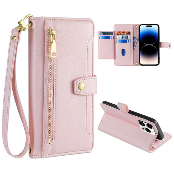 Etui z klapką do iPhone 14 Pro Max, Wallet Zipper Pocket, różowe