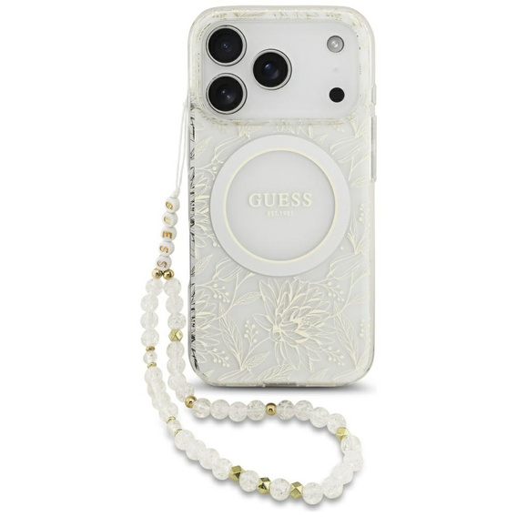Etui GUESS do iPhone 17 Pro, IML Flowers Electroplated Allover With Beads Strap, do MagSafe, z paskiem, białe