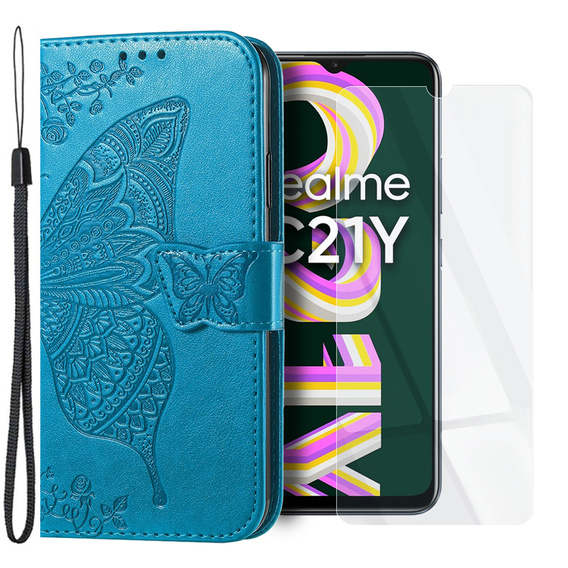 Zestaw Etui z klapką do Realme C21Y / C25Y, Motyl, Niebieskie + szkło