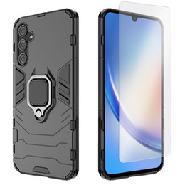 Zestaw Etui do Samsung Galaxy A34 5G, pancerne KickStand z ringiem, czarne + Szkło