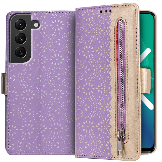 Etui z klapką do Samsung Galaxy S22+ Plus 5G, Wallet Pocket Zipper Lace, fioletowe