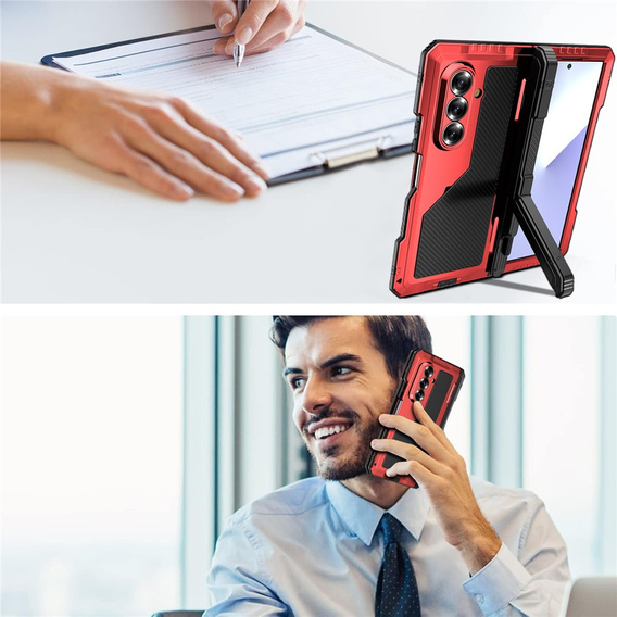 Etui pancerne do Samsung Galaxy Z Fold7 5G, aluminiowe, z podstawką i miejscem na rysik, czerwone