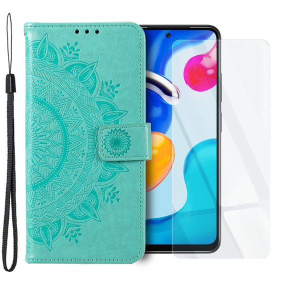 Zestaw Etui z klapką do Xiaomi Redmi Note 11/11S, Mandala, Zielone + szkło