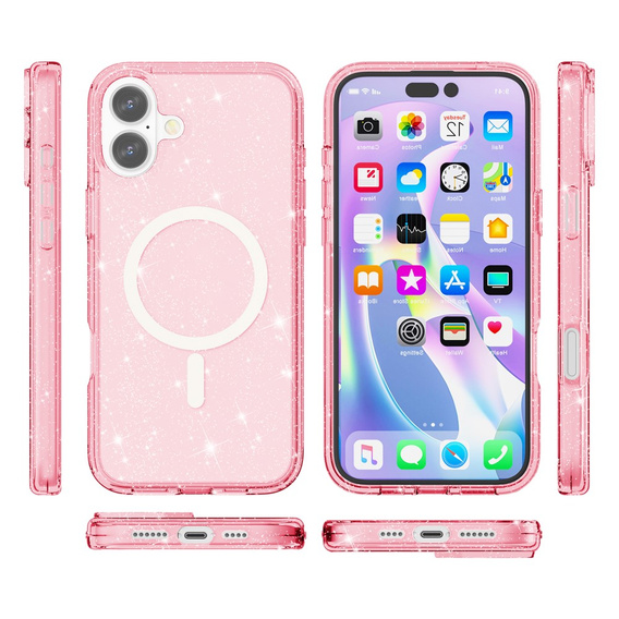 Etui do iPhone 17, do MagSafe, brokatowe, półprzezroczyste różowe