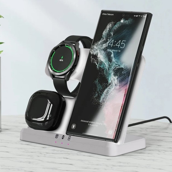 Ładowarka Bezprzewodowa Indukcyjna 3w1 QI Szybka do Samsung S25 S24 S23 Galaxy Watch Buds Stacja biała 