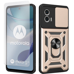 Zestaw Etui do Motorola Moto G53 5G pancerne, z ochroną aparatu i ringiem, złote + szkło