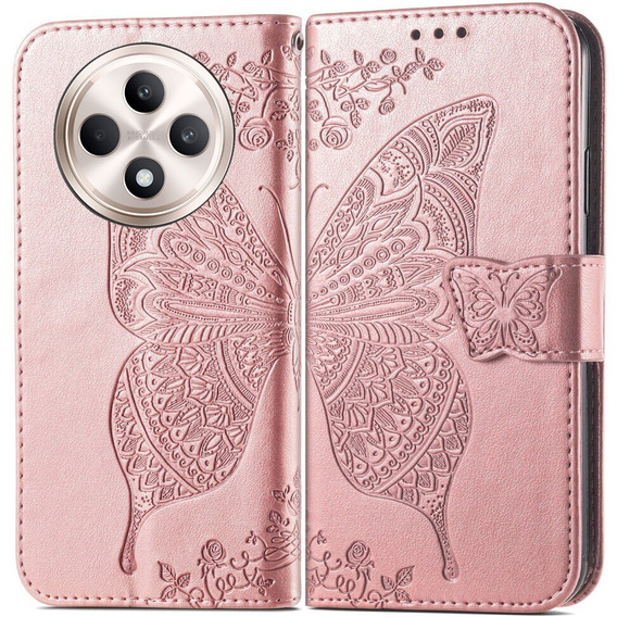 Etui z klapką do Oppo Reno 12FS / 12F, Butterfly, różowe rose gold