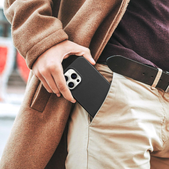 Etui skórzane do iPhone 16 Pro, ERBORD Leather MagSafe, czarne + Szkło na ekran