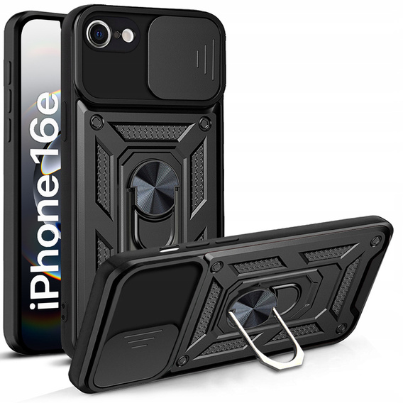 Etui pancerne do iPhone 16E, CamShield Slide, czarne + Szkło Hartowane 9H