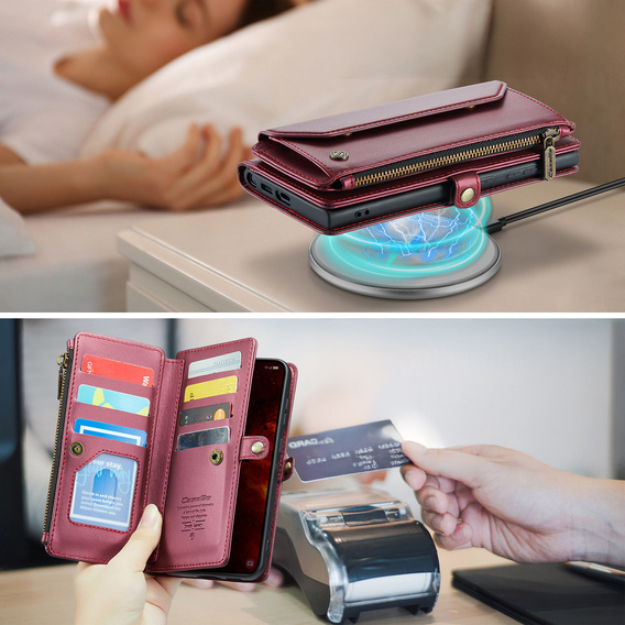 Etui CASEME do Samsung Galaxy S25 FE, RFID Leather Wallet, z paskiem na ramię, czerwone