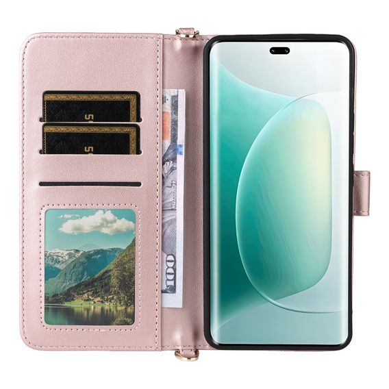 Etui z klapką do Honor 400 5G, Crossbody Leather Wallet, różowe