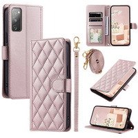 Etui z klapką do Samsung Galaxy S20 FE, Rhombus Crossbody Leather, różowe rose gold