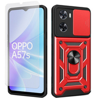 Zestaw Etui pancerne do Oppo A57s, CamShield Slide, czerwone + szkło