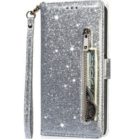 Etui z klapką do Samsung Galaxy A55, Wallet Zipper Pocket Glittery, srebrne