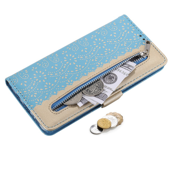 Etui z klapką do Samsung Galaxy A53 5G, Wallet Pocket Zipper Lace, niebieskie